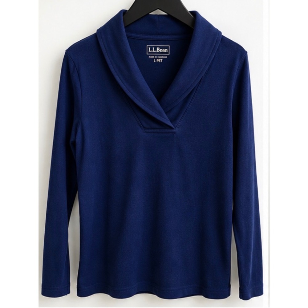 LL Bean Womens Navy Blue Shawl Collar Long Sleeve Cotton Top 291670 L PET